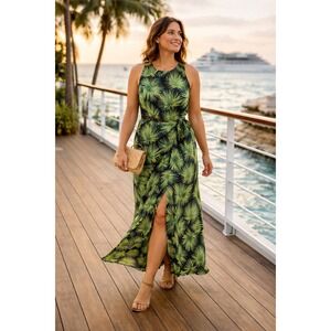 Vintage August Hale Silk Tropical Leaf Maxi Wrap Dress Sz 6 Resort Cruise